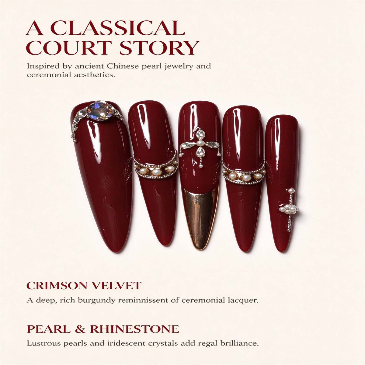 Crimson Heirloom: Burgundy Pearl Chain and Crystal Press-On Nails