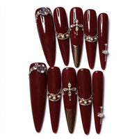 Crimson Heirloom: Burgundy Pearl Chain and Crystal Press-On Nails