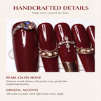 Crimson Heirloom: Burgundy Pearl Chain and Crystal Press-On Nails