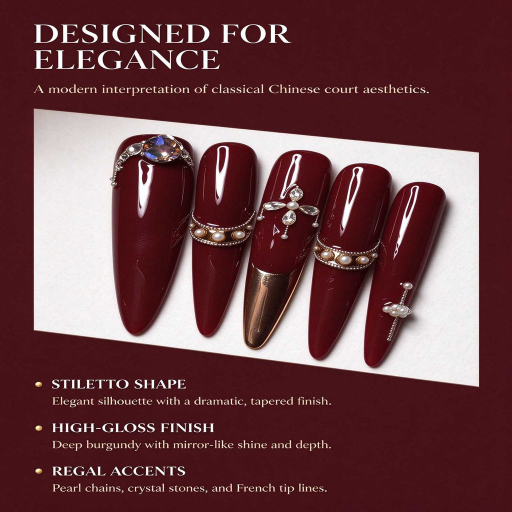 Crimson Heirloom: Burgundy Pearl Chain and Crystal Press-On Nails
