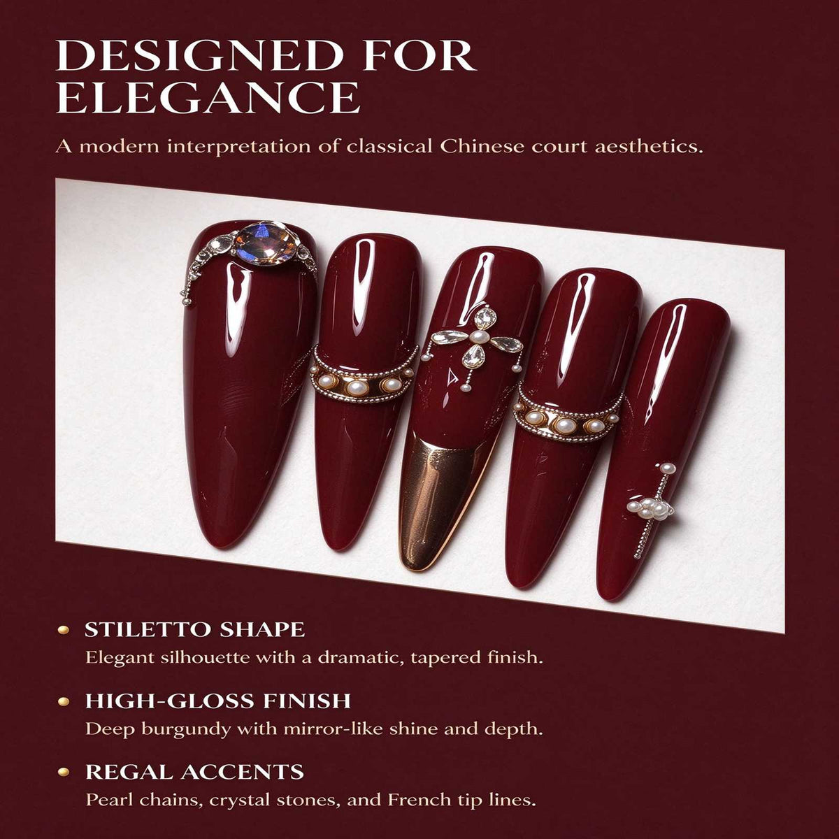 Crimson Heirloom: Burgundy Pearl Chain and Crystal Press-On Nails