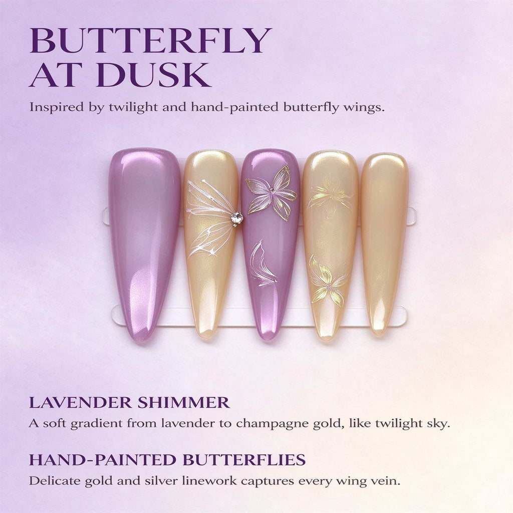 Butterfly at Dusk: Lavender and Champagne Gold Hand-Painted Press-On Nails