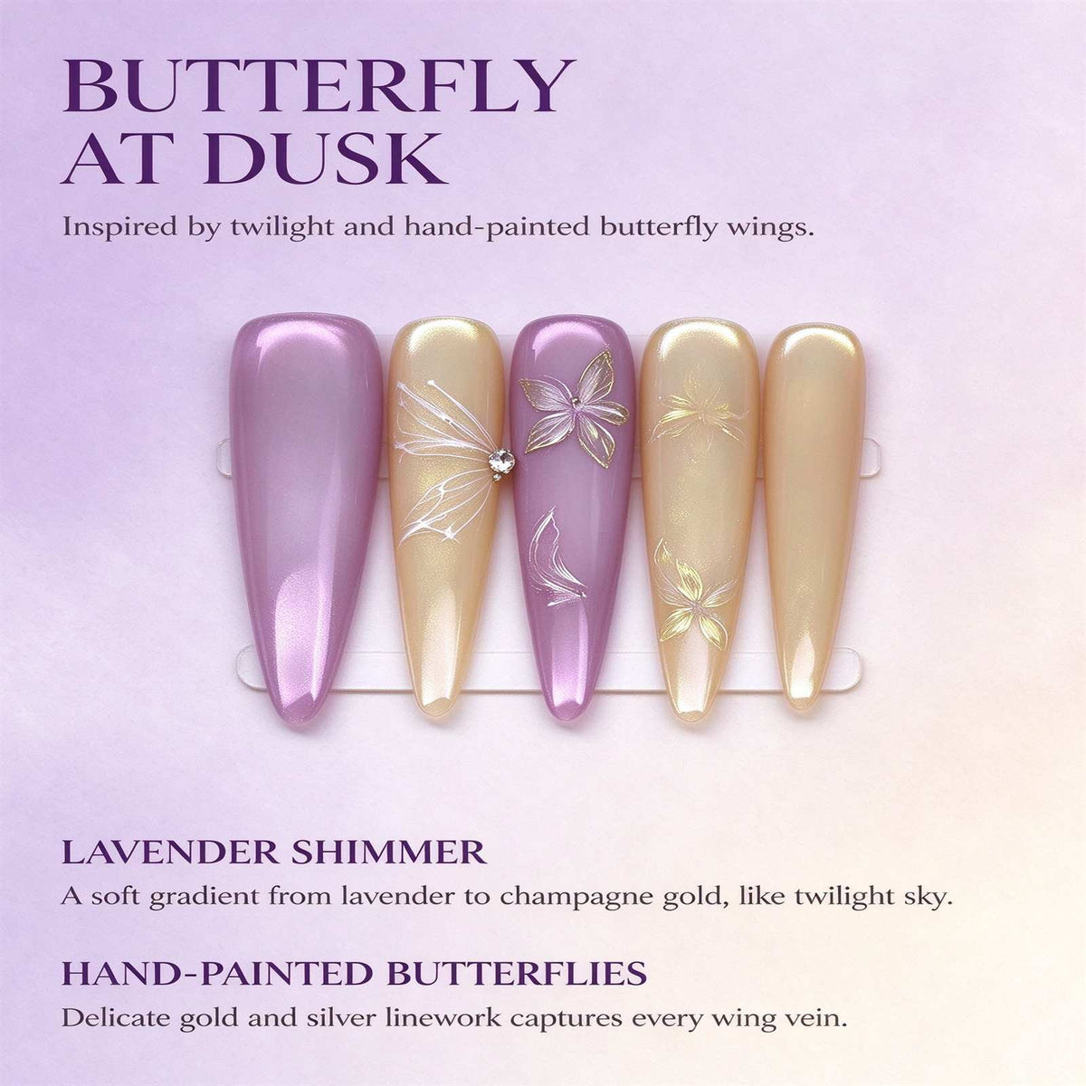 Butterfly at Dusk: Lavender and Champagne Gold Hand-Painted Press-On Nails