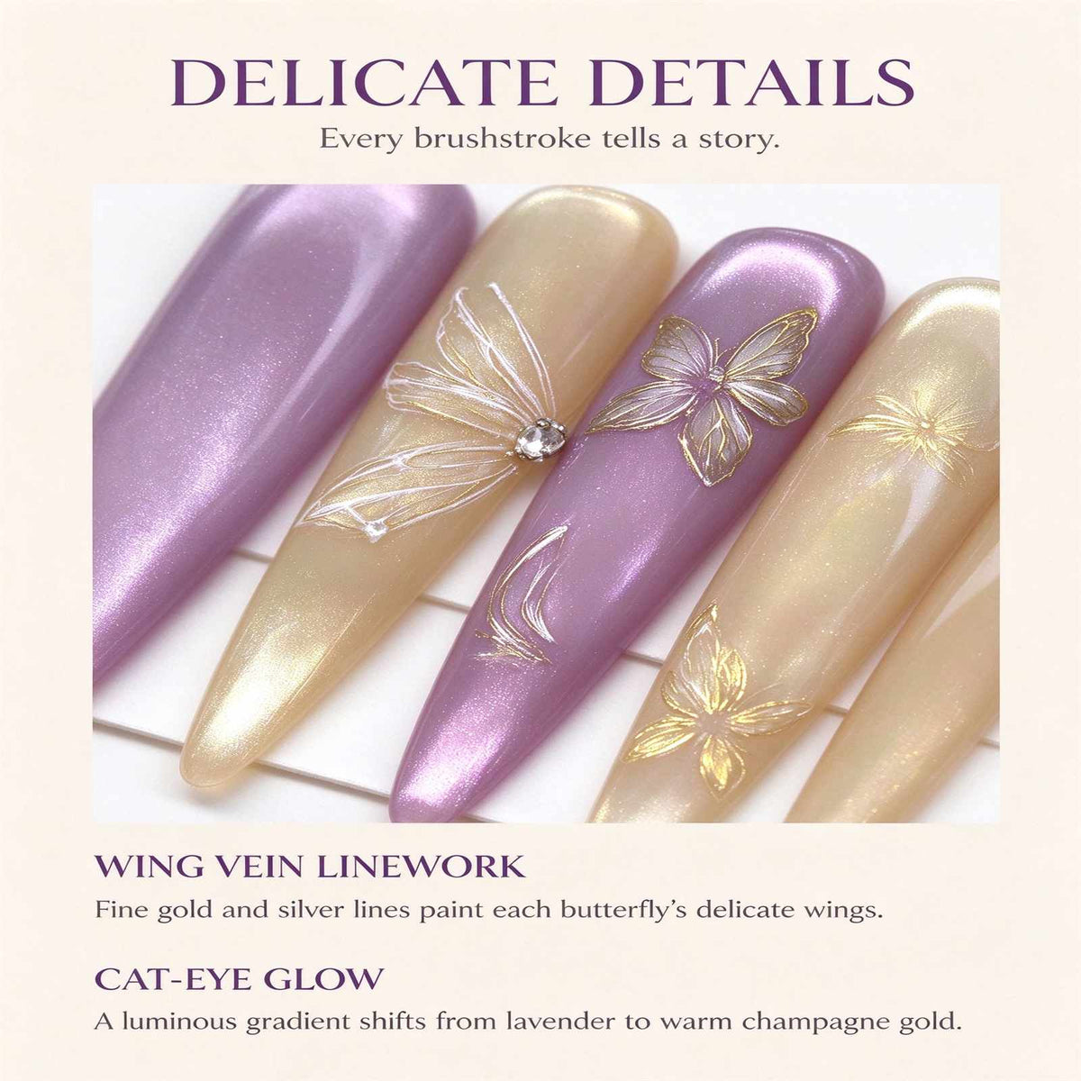 Butterfly at Dusk: Lavender and Champagne Gold Hand-Painted Press-On Nails