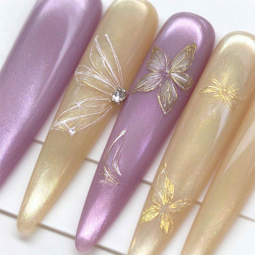 Butterfly at Dusk: Lavender and Champagne Gold Hand-Painted Press-On Nails