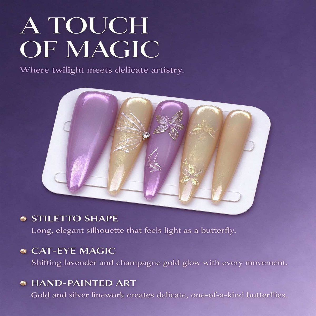 Butterfly at Dusk: Lavender and Champagne Gold Hand-Painted Press-On Nails