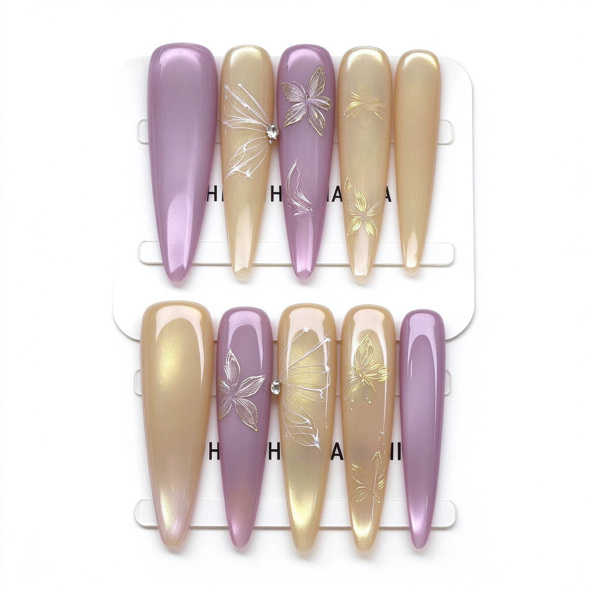 Butterfly at Dusk: Lavender and Champagne Gold Hand-Painted Press-On Nails