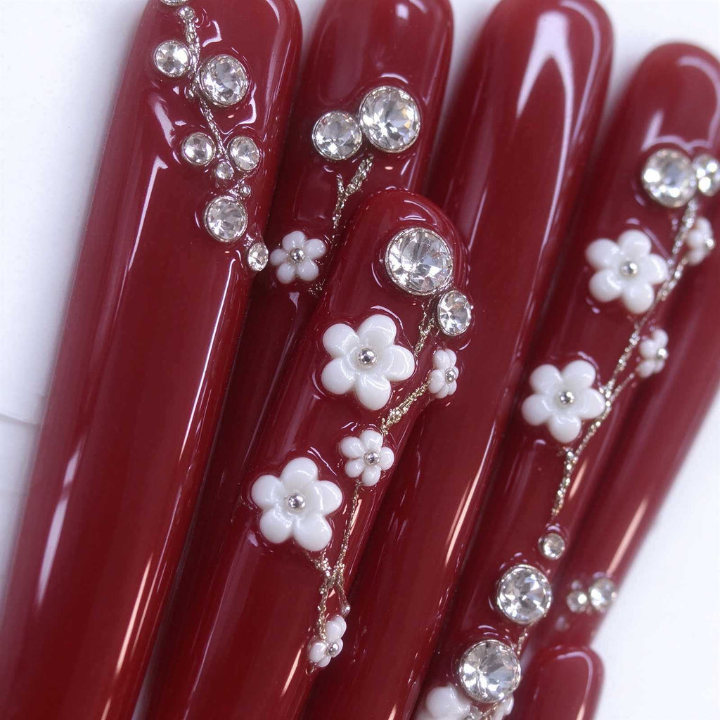 Plum Blossoms at Moonrise: Cinnabar Red 3D Floral Crystal Press-On Nails