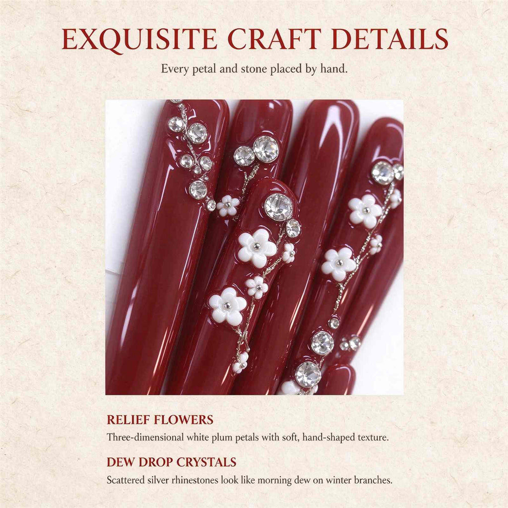 Plum Blossoms at Moonrise: Cinnabar Red 3D Floral Crystal Press-On Nails