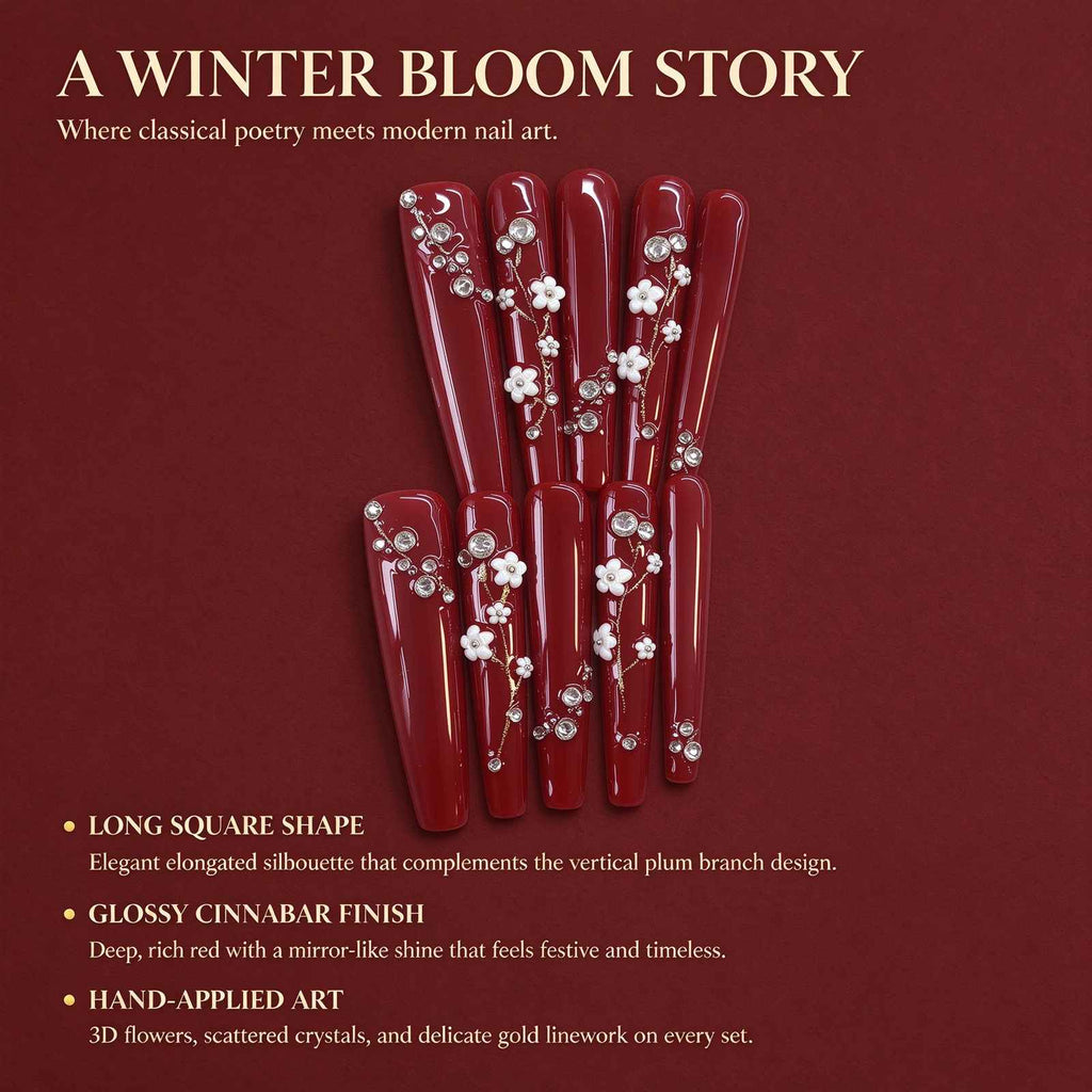 Plum Blossoms at Moonrise: Cinnabar Red 3D Floral Crystal Press-On Nails