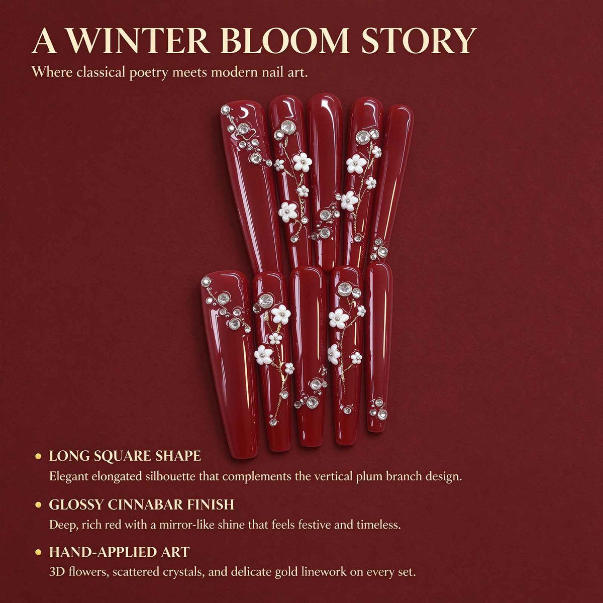 Plum Blossoms at Moonrise: Cinnabar Red 3D Floral Crystal Press-On Nails