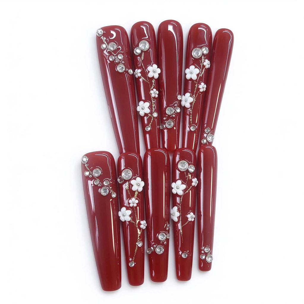 Plum Blossoms at Moonrise: Cinnabar Red 3D Floral Crystal Press-On Nails
