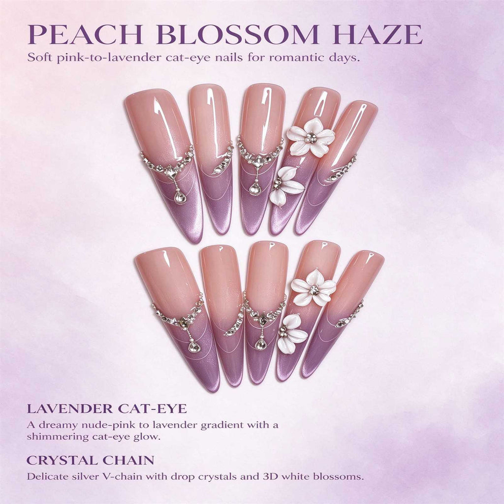 Peach Blossom Haze: Pink-to-Lavender Cat-Eye Floral Press-On Nails