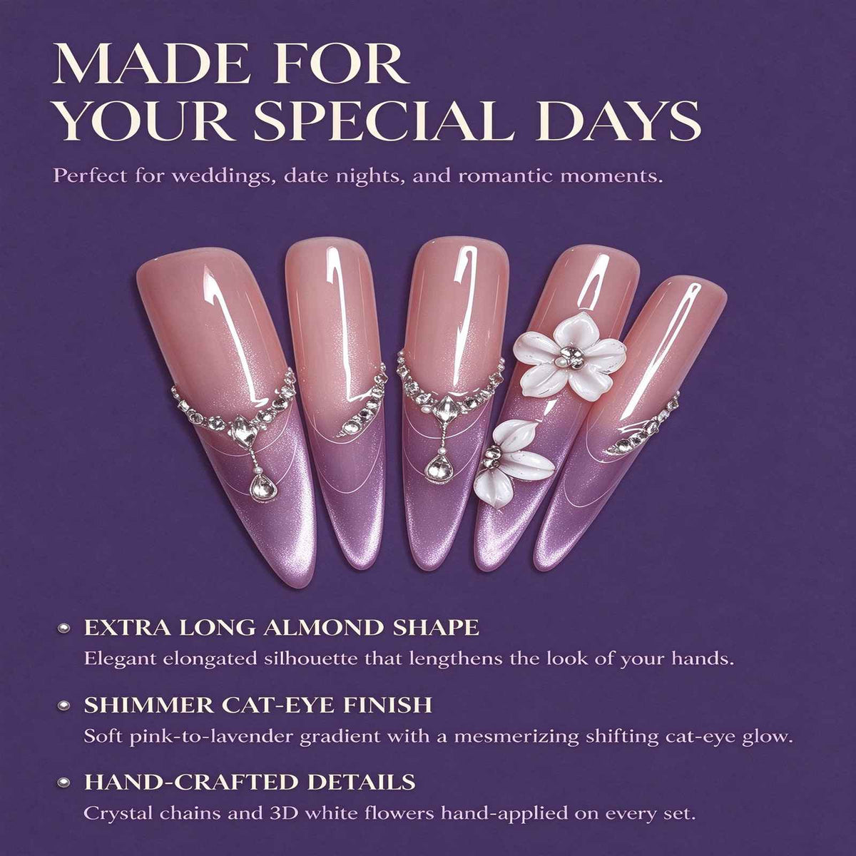 Peach Blossom Haze: Pink-to-Lavender Cat-Eye Floral Press-On Nails