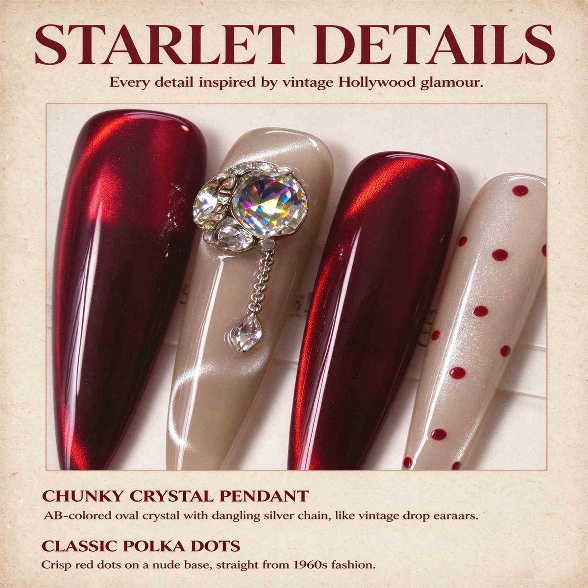 Cinnabar Love Letter: Burgundy Cat-Eye Polka Dot Crystal Chain Press-On Nails