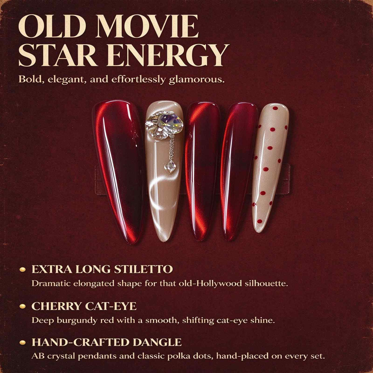 Cinnabar Love Letter: Burgundy Cat-Eye Polka Dot Crystal Chain Press-On Nails
