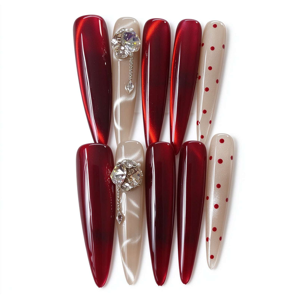 Cinnabar Love Letter: Burgundy Cat-Eye Polka Dot Crystal Chain Press-On Nails
