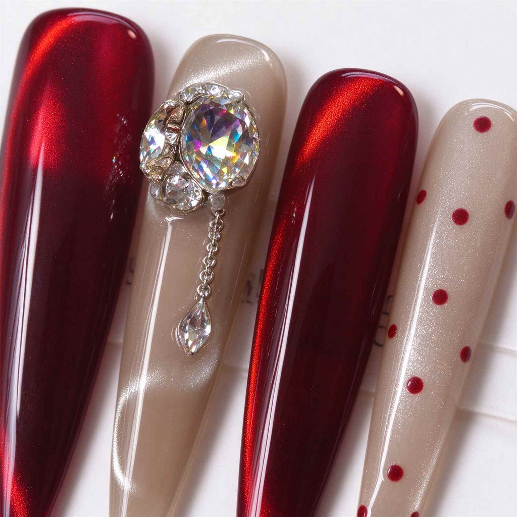 Cinnabar Love Letter: Burgundy Cat-Eye Polka Dot Crystal Chain Press-On Nails