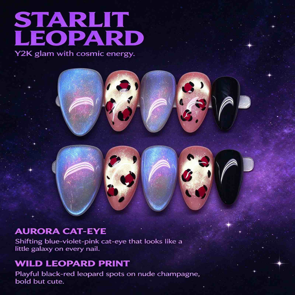 Starlit Leopard: Blue-Violet Cat-Eye and Leopard Print Press-On Nails