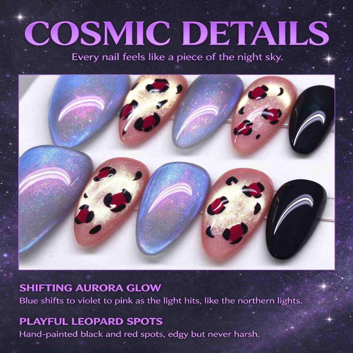Starlit Leopard: Blue-Violet Cat-Eye and Leopard Print Press-On Nails