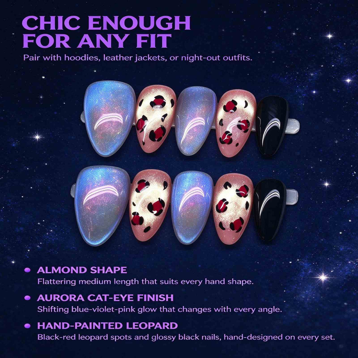Starlit Leopard: Blue-Violet Cat-Eye and Leopard Print Press-On Nails