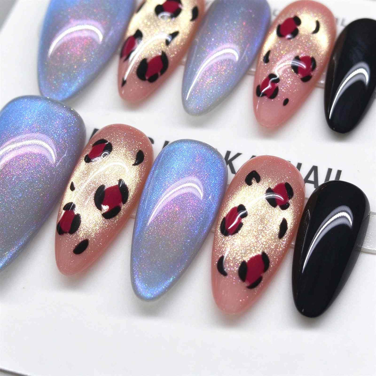 Starlit Leopard: Blue-Violet Cat-Eye and Leopard Print Press-On Nails