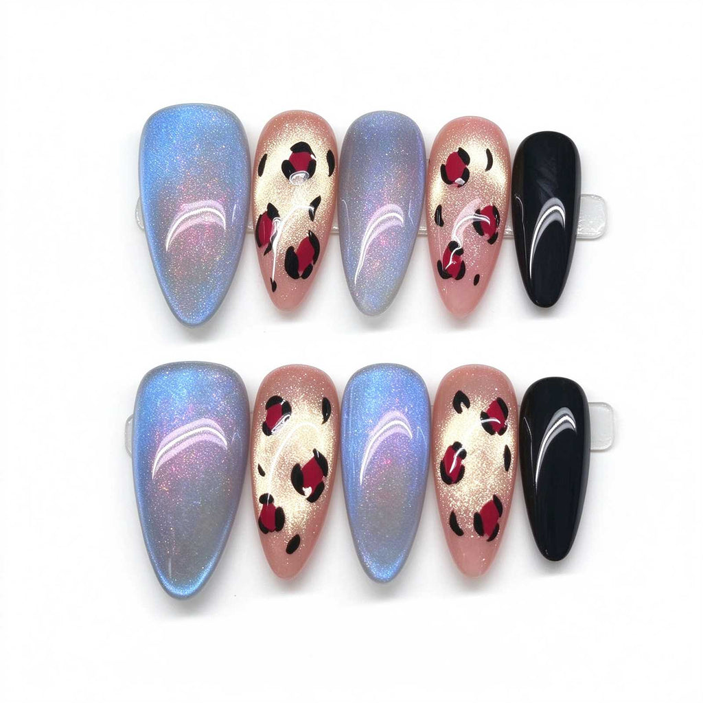 Starlit Leopard: Blue-Violet Cat-Eye and Leopard Print Press-On Nails