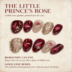 The Little Prince's Rose: Burgundy Cat-Eye and Gold Foil Floral Press-On Nails