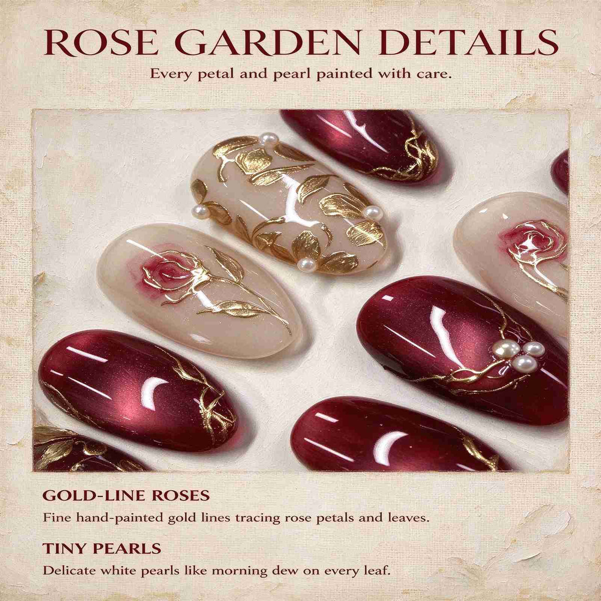 The Little Prince's Rose: Burgundy Cat-Eye and Gold Foil Floral Press-On Nails