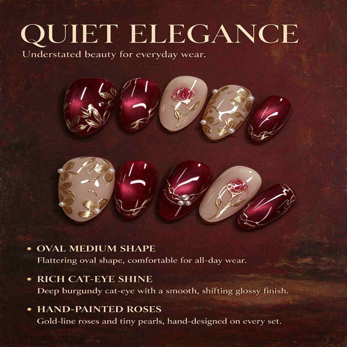 The Little Prince's Rose: Burgundy Cat-Eye and Gold Foil Floral Press-On Nails