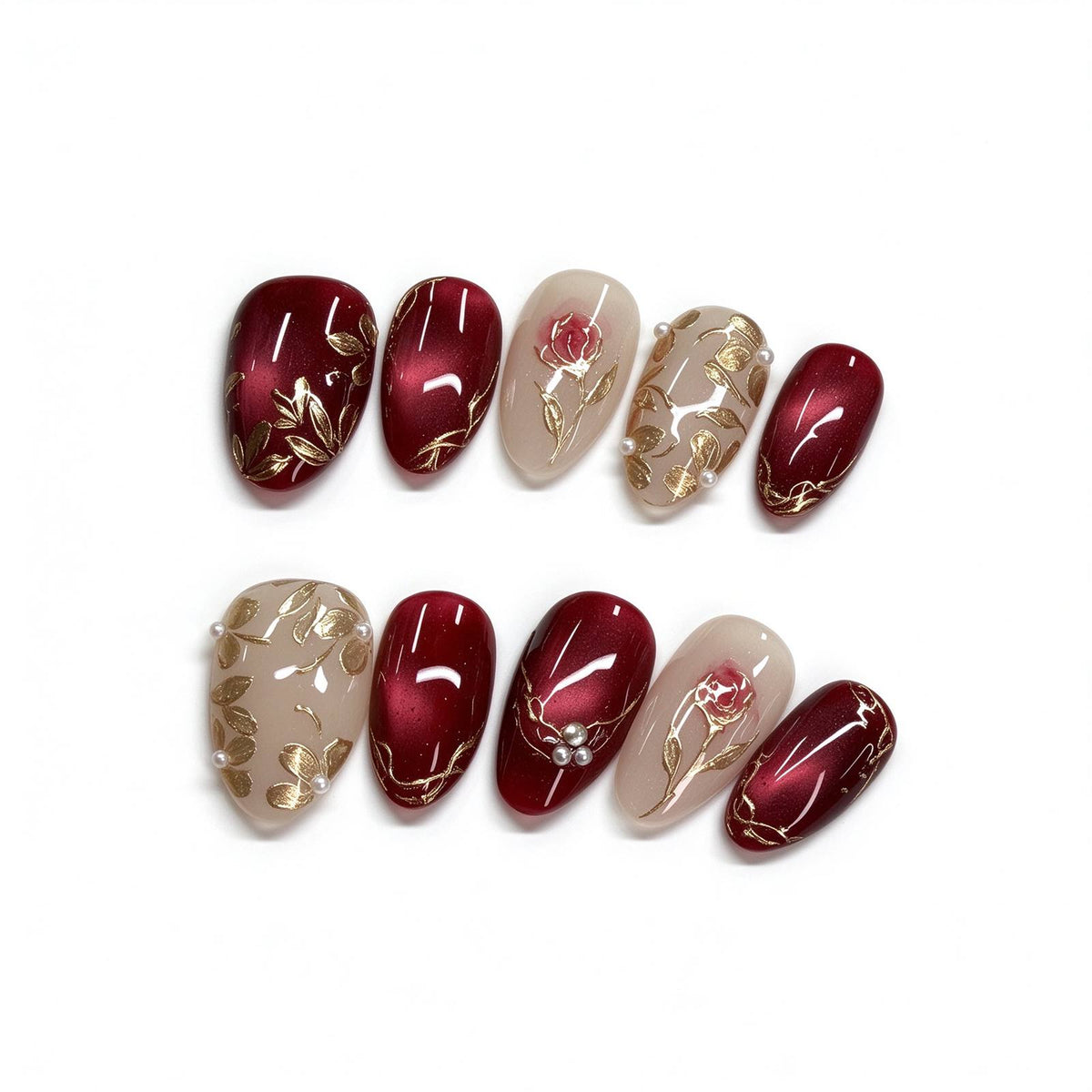 The Little Prince's Rose: Burgundy Cat-Eye and Gold Foil Floral Press-On Nails