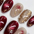 The Little Prince's Rose: Burgundy Cat-Eye and Gold Foil Floral Press-On Nails