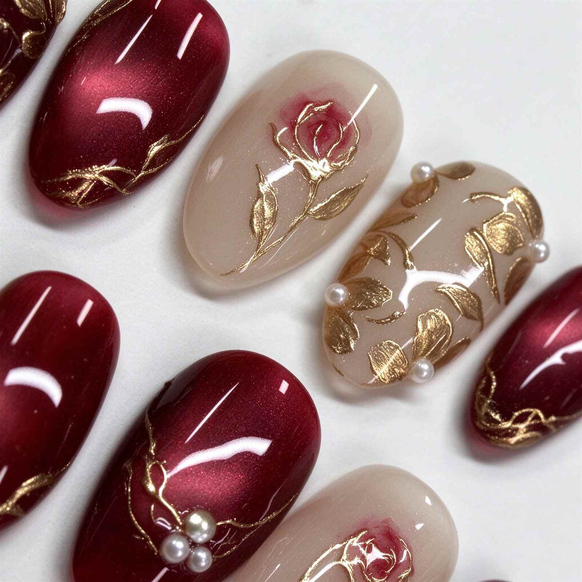 The Little Prince's Rose: Burgundy Cat-Eye and Gold Foil Floral Press-On Nails