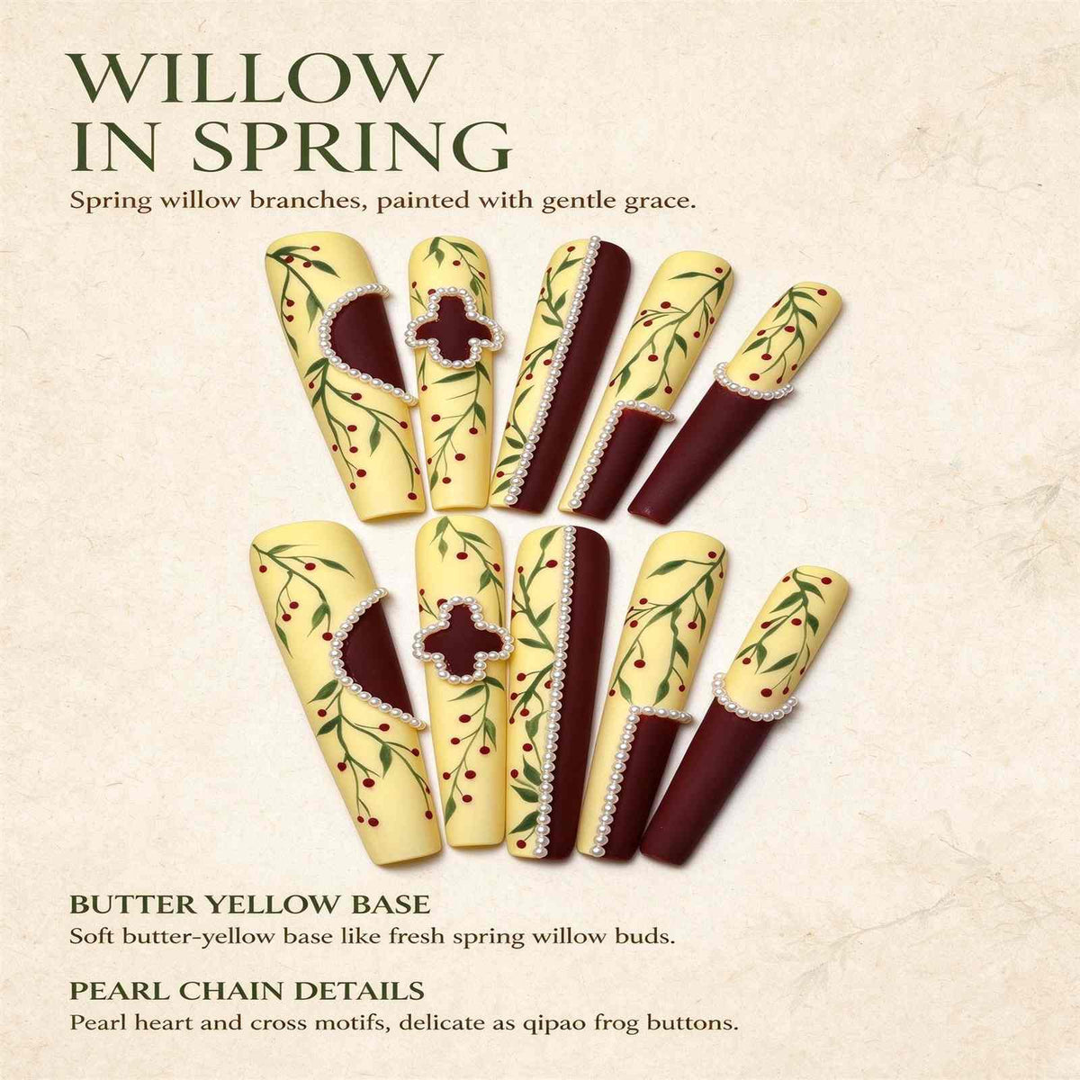 Willow in Spring: Butter Yellow and Burgundy Pearl Chain Press-On Nails