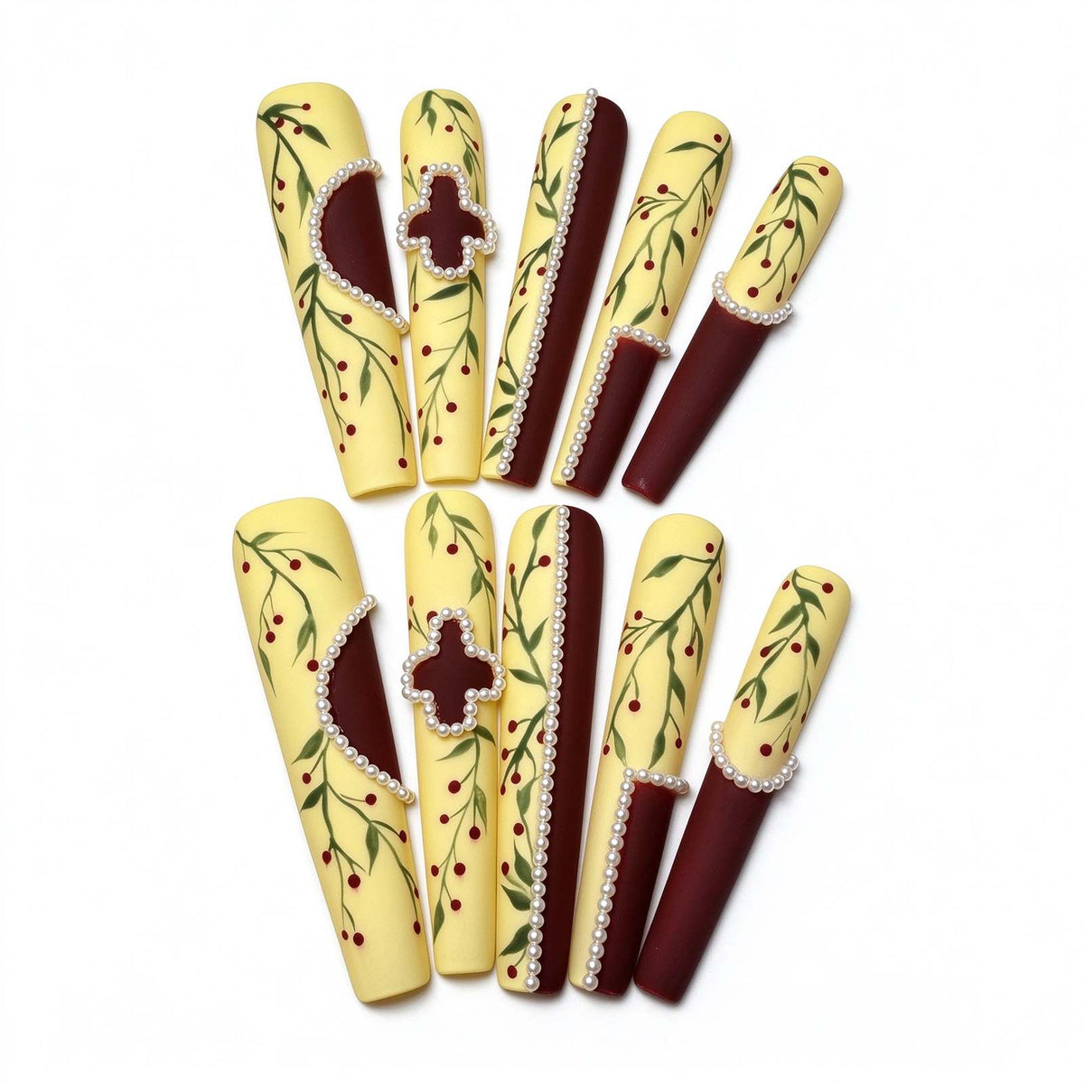 Willow in Spring: Butter Yellow and Burgundy Pearl Chain Press-On Nails