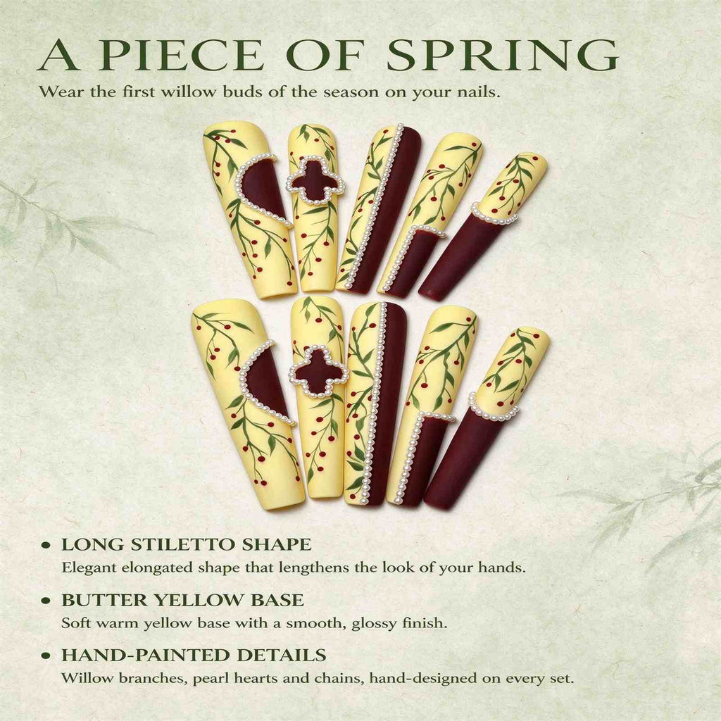 Willow in Spring: Butter Yellow and Burgundy Pearl Chain Press-On Nails