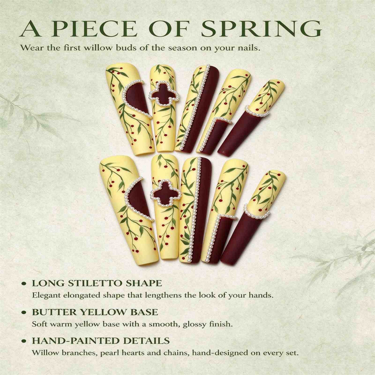 Willow in Spring: Butter Yellow and Burgundy Pearl Chain Press-On Nails