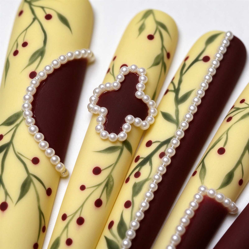 Willow in Spring: Butter Yellow and Burgundy Pearl Chain Press-On Nails