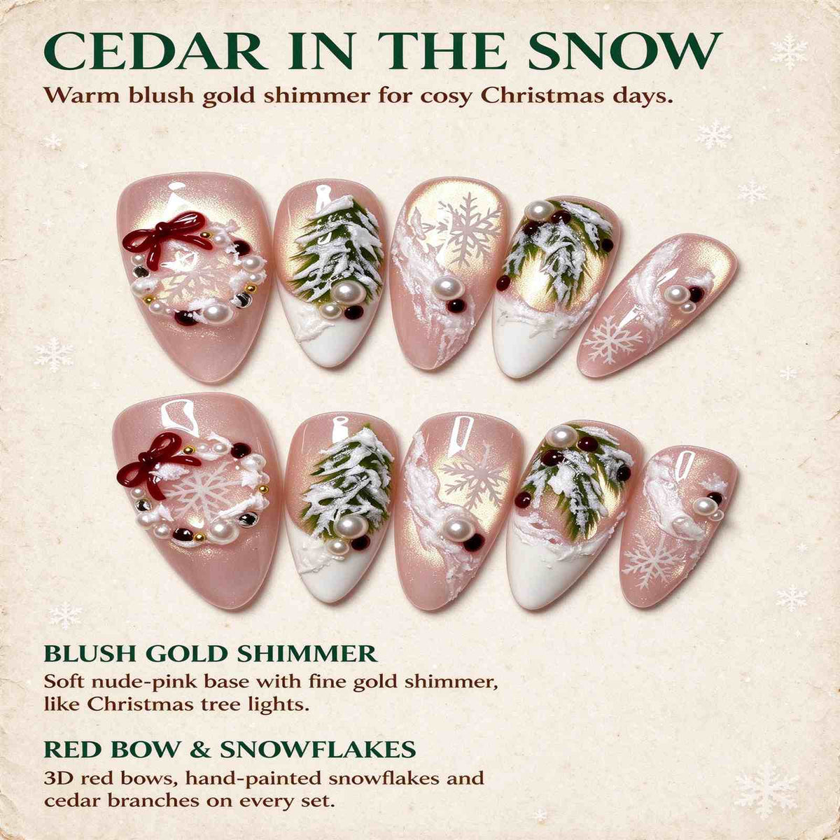 Cedar in the Snow: Blush Gold Shimmer Christmas Press-On Nails