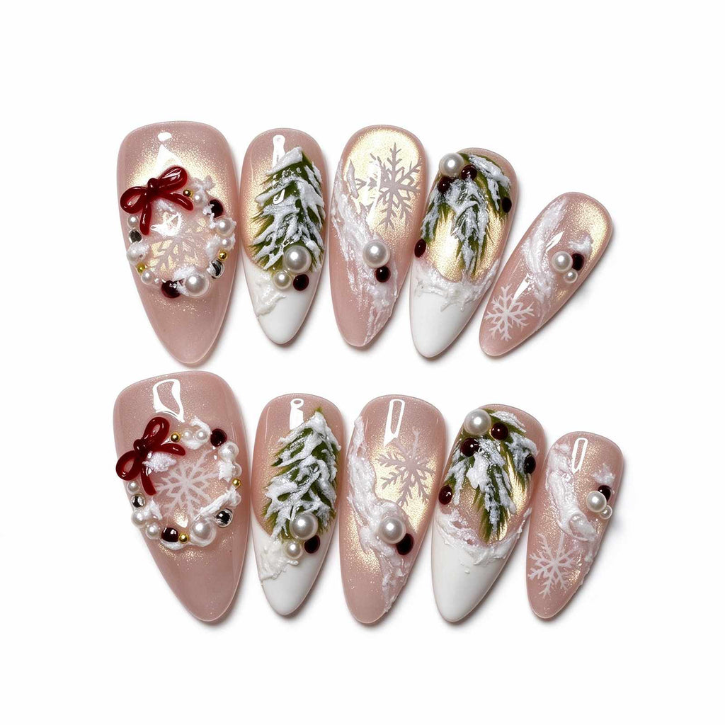 Cedar in the Snow: Blush Gold Shimmer Christmas Press-On Nails