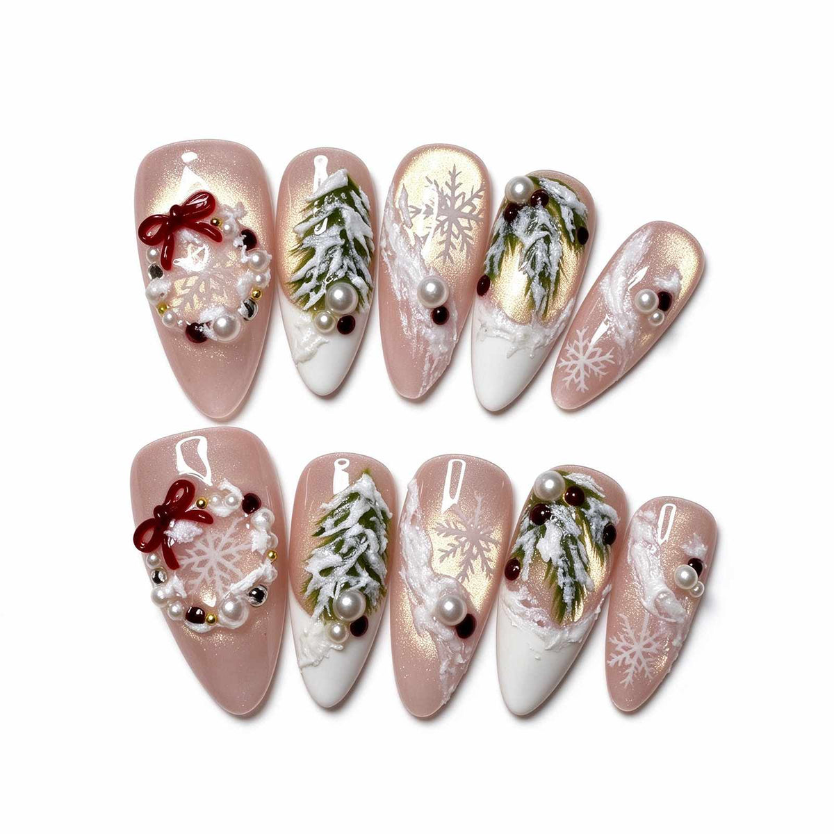 Cedar in the Snow: Blush Gold Shimmer Christmas Press-On Nails