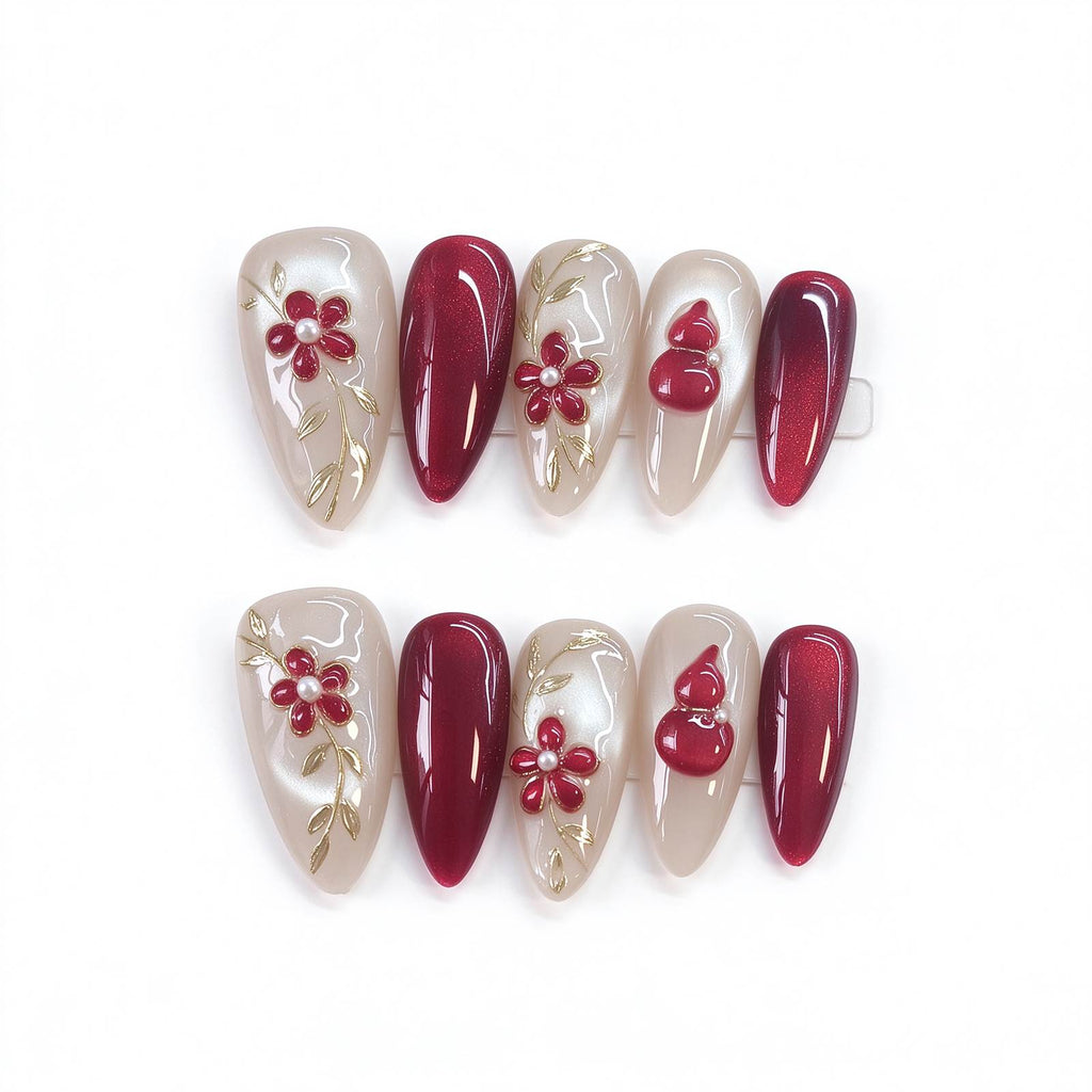 Lucky Gourd: Nude Pearl and Burgundy Floral Press-On Nails