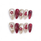 Lucky Gourd: Nude Pearl and Burgundy Floral Press-On Nails
