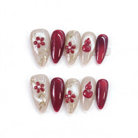 Lucky Gourd: Nude Pearl and Burgundy Floral Press-On Nails
