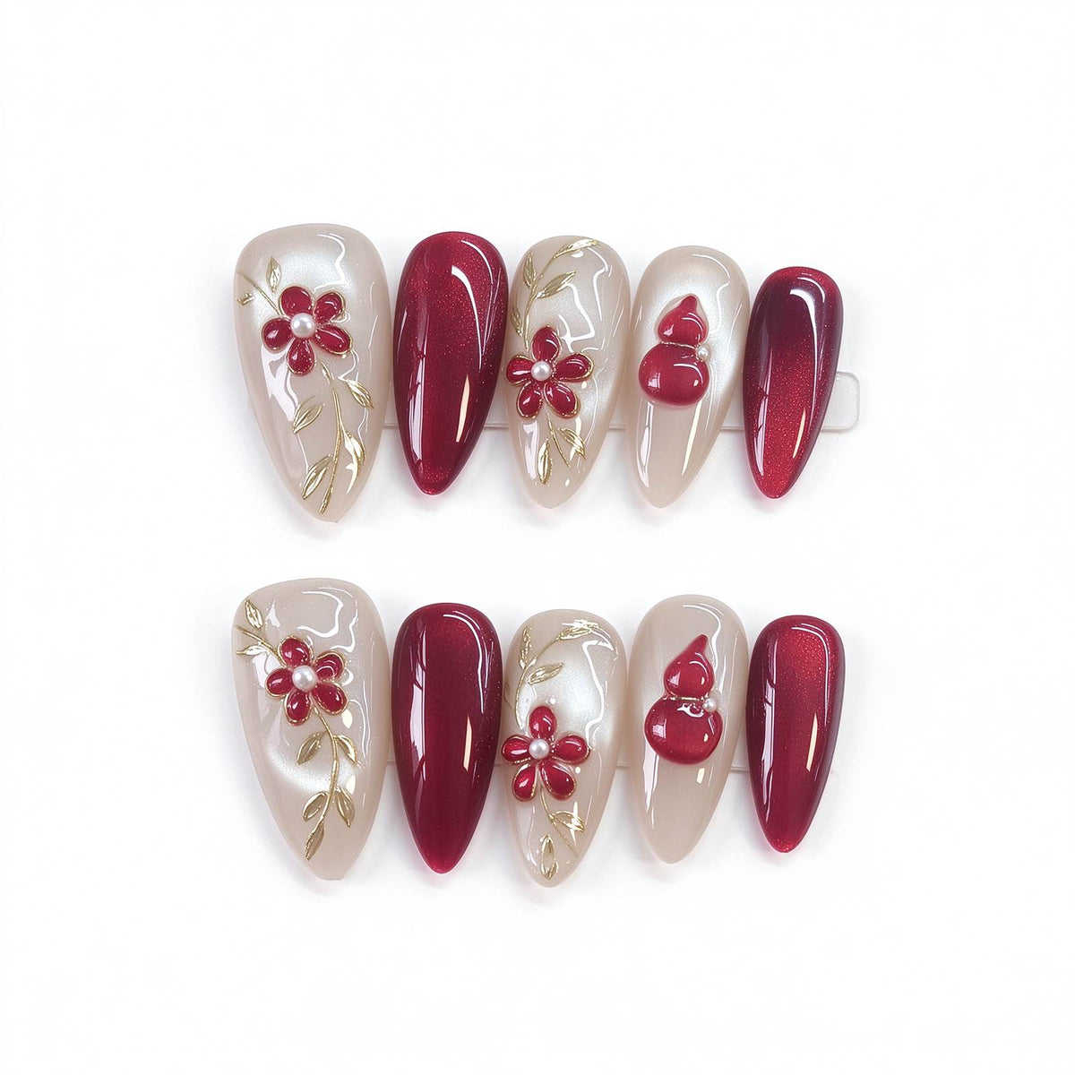 Lucky Gourd: Nude Pearl and Burgundy Floral Press-On Nails