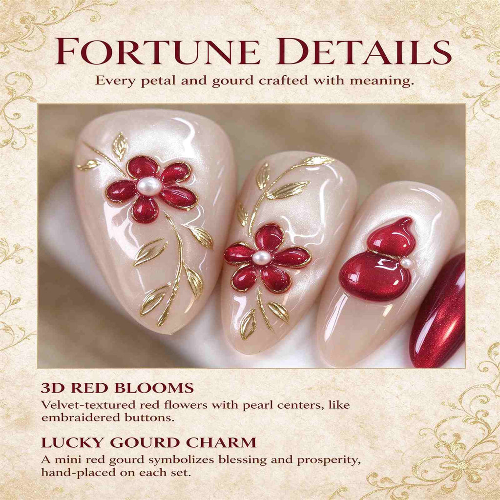 Lucky Gourd: Nude Pearl and Burgundy Floral Press-On Nails