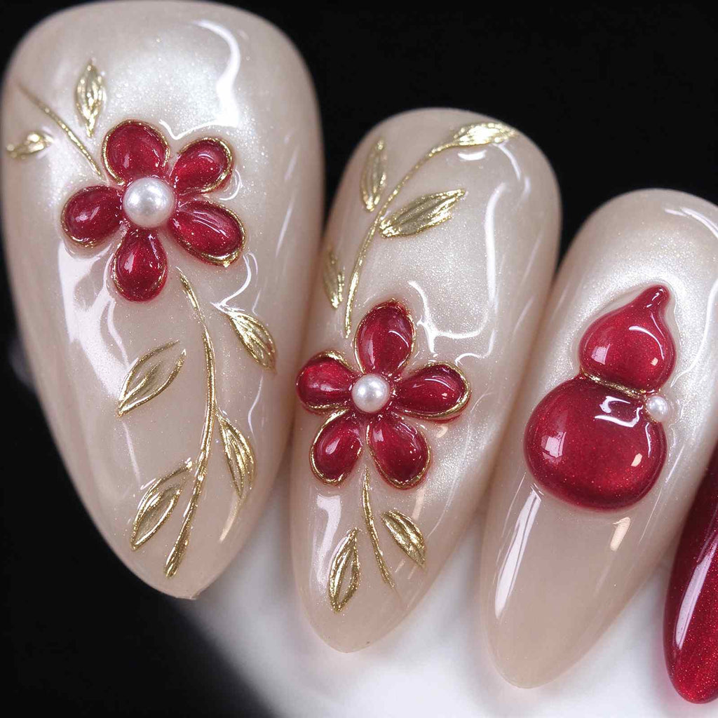 Lucky Gourd: Nude Pearl and Burgundy Floral Press-On Nails