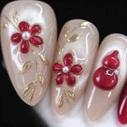 Lucky Gourd: Nude Pearl and Burgundy Floral Press-On Nails
