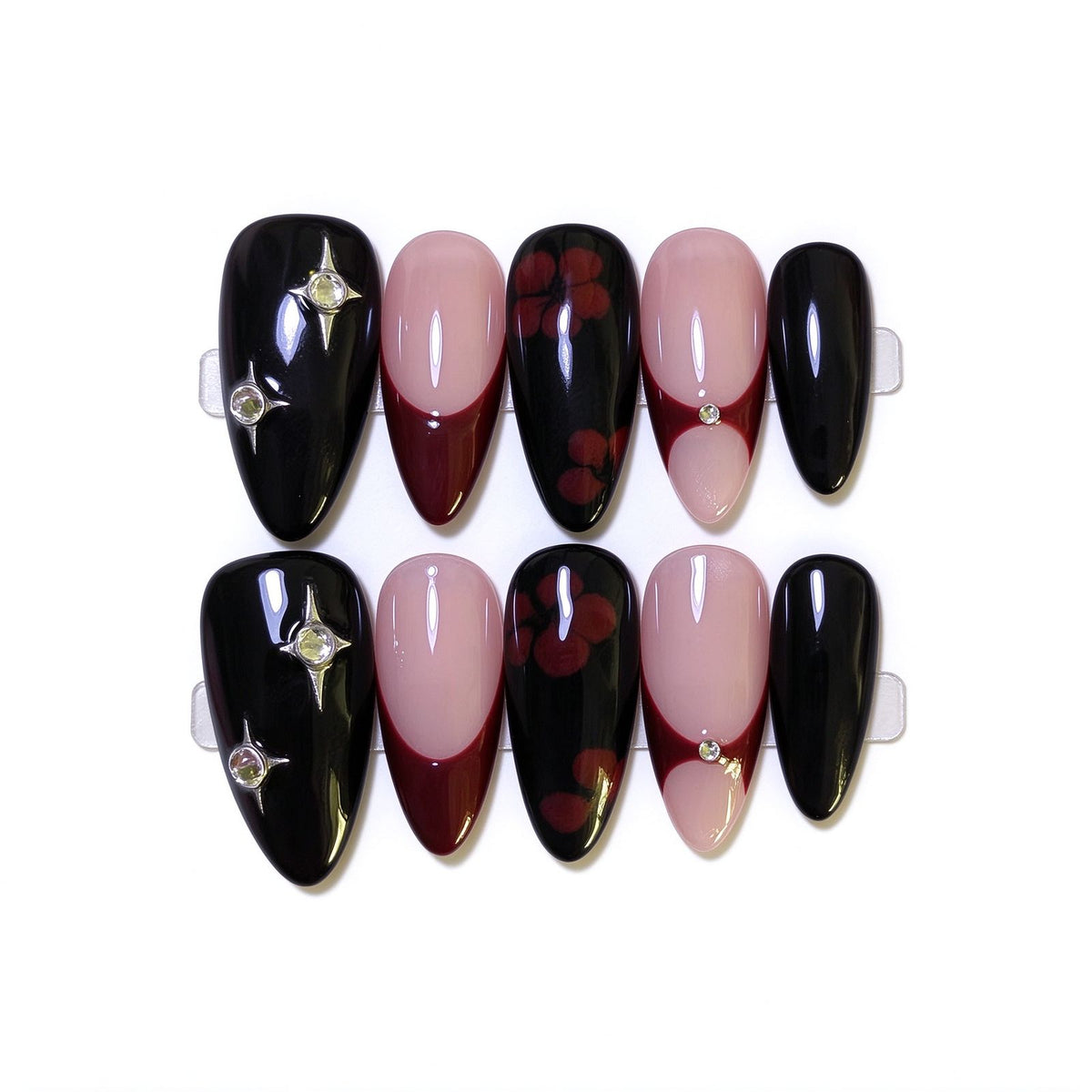 After-Dark Romance: Black and Burgundy Slanted French Press-On Nails