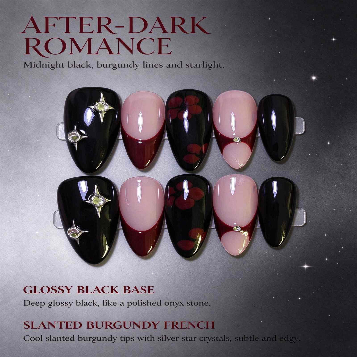 After-Dark Romance: Black and Burgundy Slanted French Press-On Nails